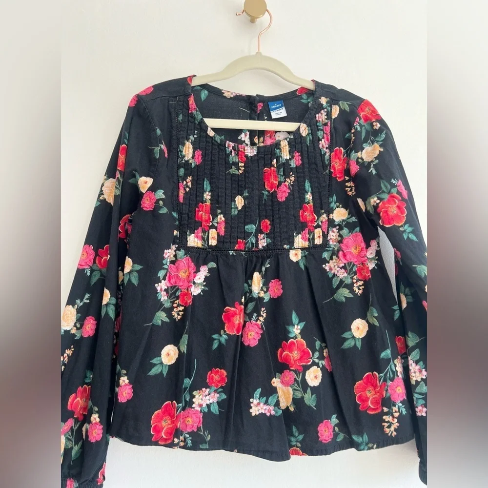 Old Navy Black Floral Long Sleeve Swing Top, Red & Cream Blooms | Girl L (10-12)
